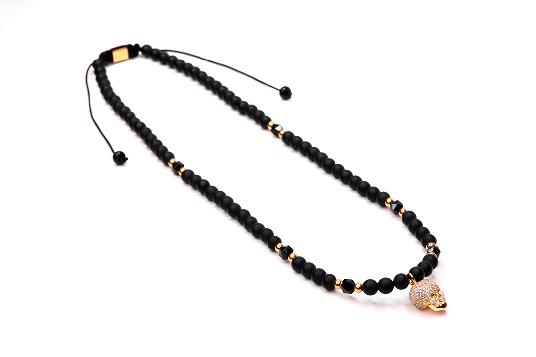 Yellow Gold Kranio Clear Cz & Onyx Necklace