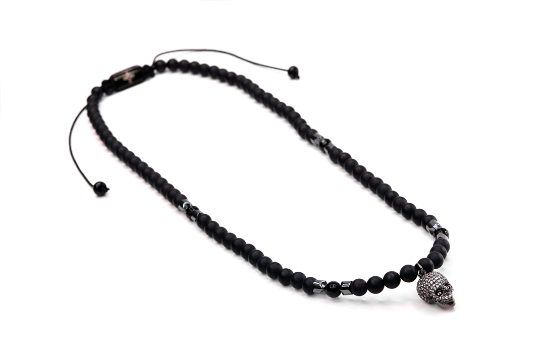 Rhodium Kranio Clear Cz Onyx & Hematite Necklace