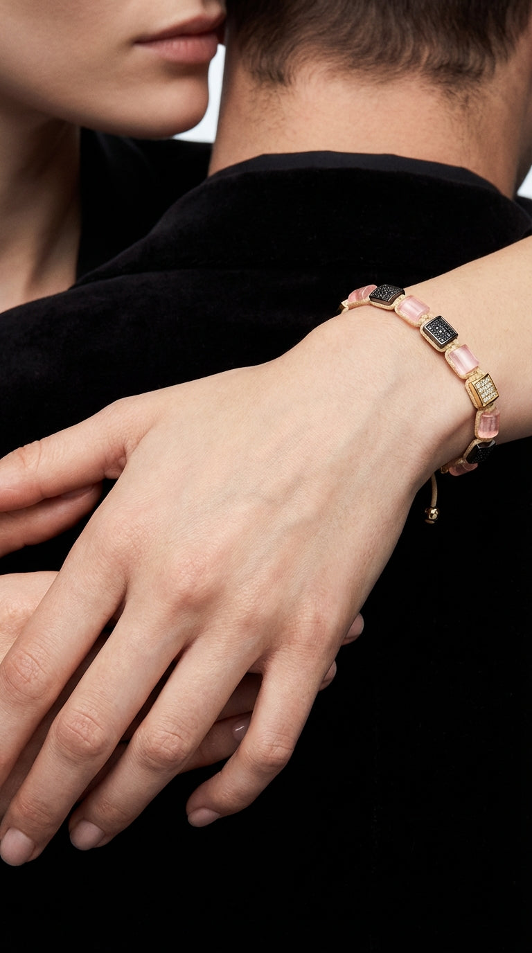 The Cairo Flatbead - Rose Quartz, Gold & Black
