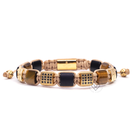 The Cairo Flatbead - Onyx, Tiger Eye & Yellow Gold