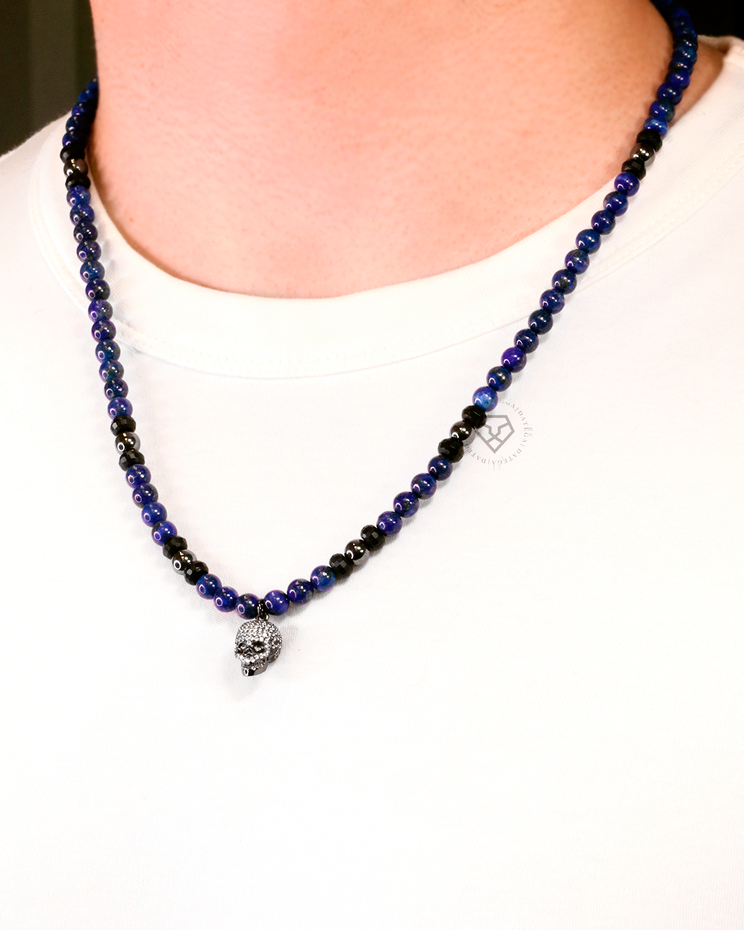 Rhodium Kranio Clear Cz & Lapis Lazuli Necklace