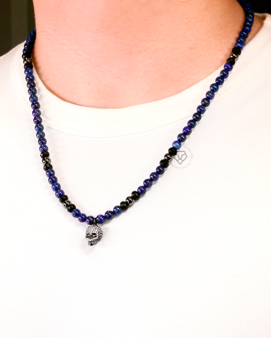 Rhodium Kranio Clear Cz & Lapis Lazuli Necklace