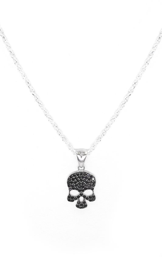 Large Black Cz Euro Skull Necklace - Silver