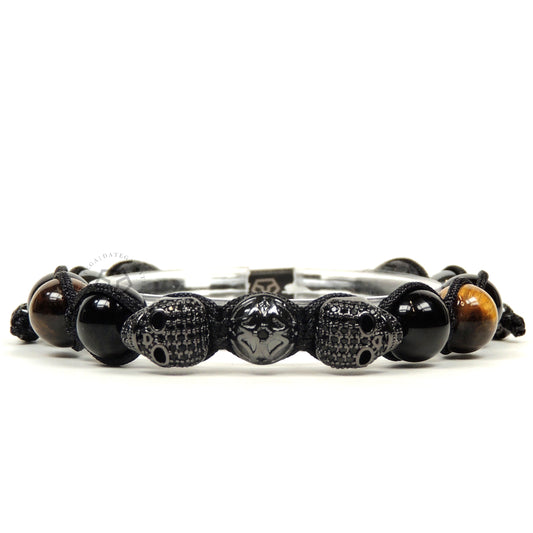 Double Rhodium Luxury Cz Skull, Onyx, Lava, Hematite & Tiger Eye