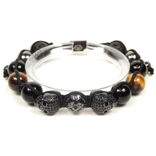 Double Rhodium Luxury Cz Skull, Onyx, Lava, Hematite & Tiger Eye