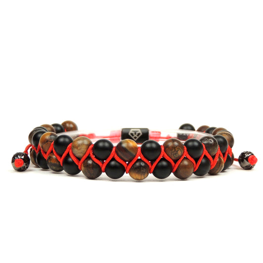 Double Beaded Matte Tiger Eye & Onyx - Red Rope