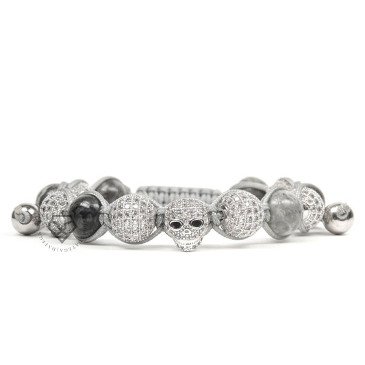 White Gold Luxury Cz Skull & Gray Jasper