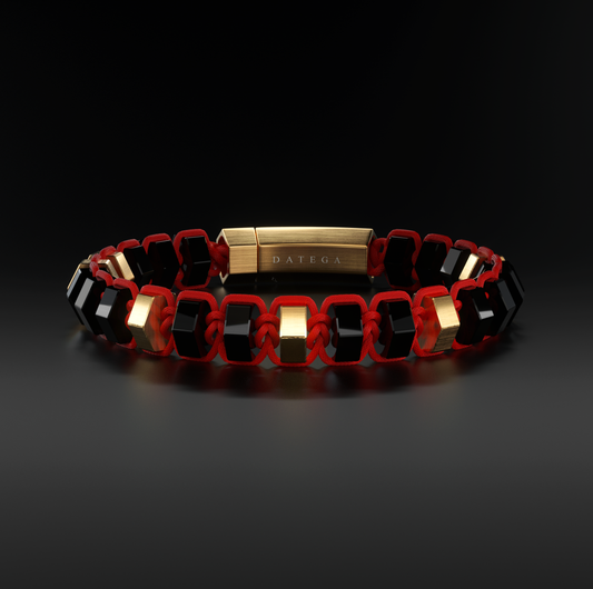 Onyx & Gold Hex Bracelet - Red Rope