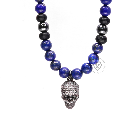 Rhodium Kranio Clear Cz & Lapis Lazuli Necklace