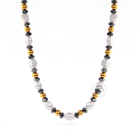 Pearl Necklace, Hematite & Gold