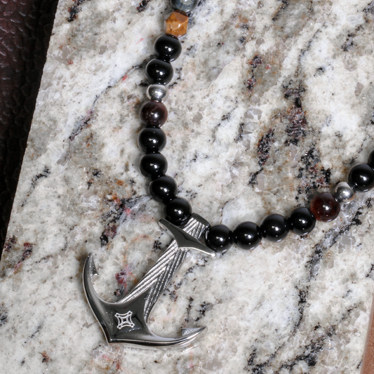 Rhodium Anchor, Onyx, Blue & Brown Tiger Eye - Necklace