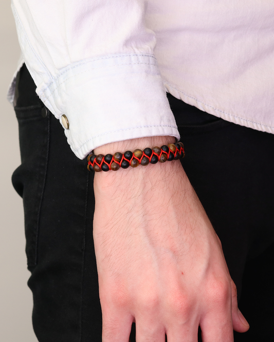 Double Beaded Matte Tiger Eye & Onyx - Red Rope