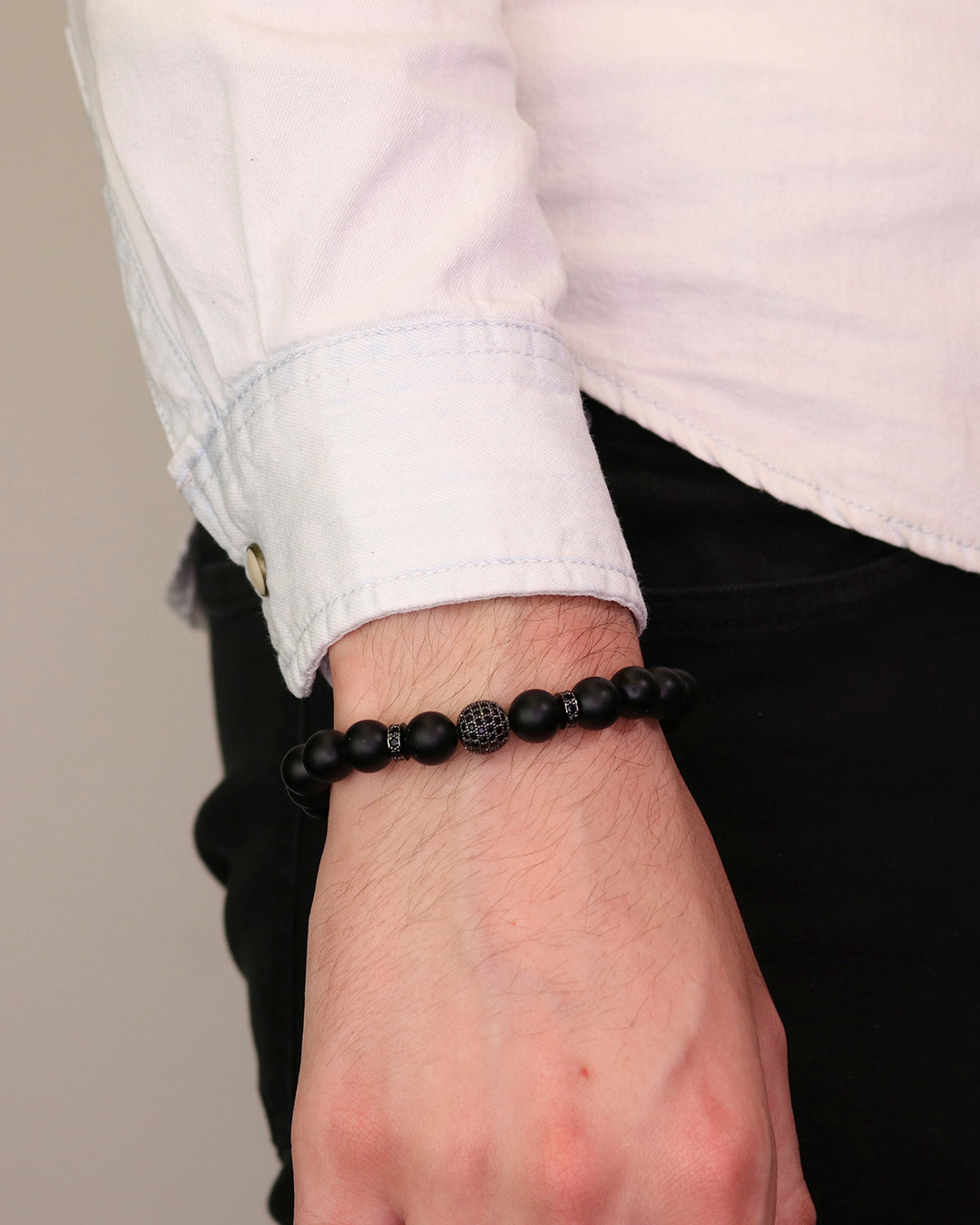 Rhodium Cz Ball & Rings Matte Onyx - Elastic