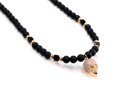 Yellow Gold Kranio Clear Cz & Onyx Necklace