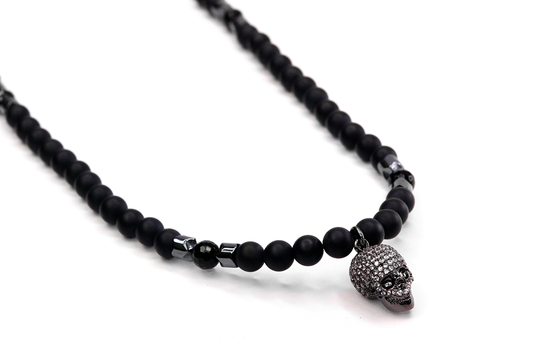 Rhodium Kranio Clear Cz Onyx & Hematite Necklace