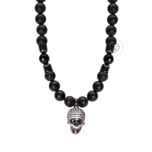 Rhodium Kranio Clear Cz Onyx & Hematite Necklace