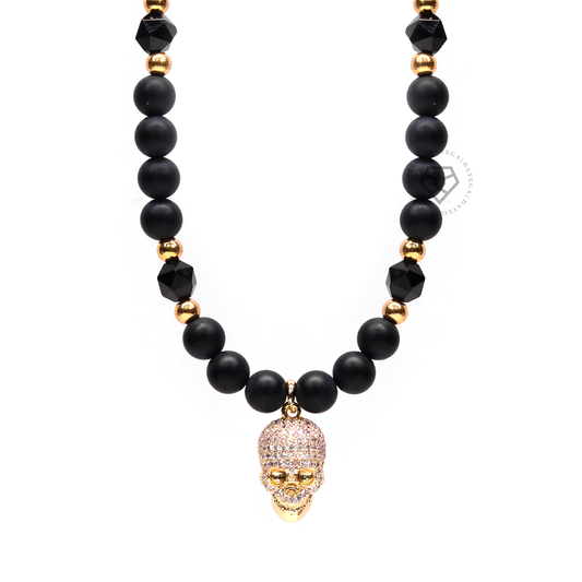 Yellow Gold Kranio Clear Cz & Onyx Necklace